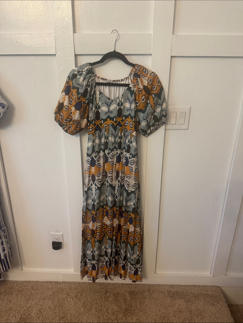 Boho Floral Print Puff-Sleeve Maxi Dress in Mustard & Sage. Worn once.